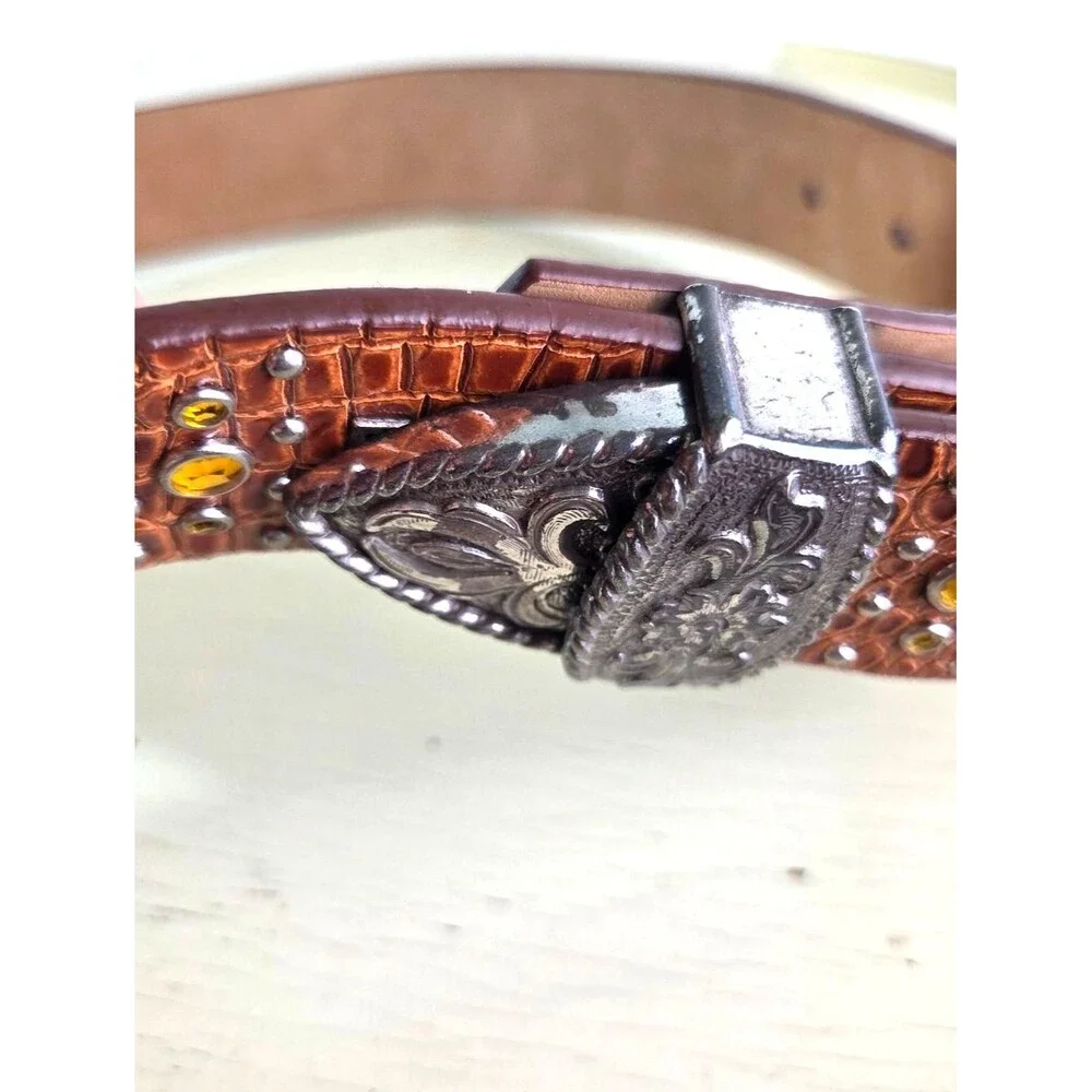 Vintage Ariat Western Leather Belt 1996 Brown Studded Rhinestone Concho Women M